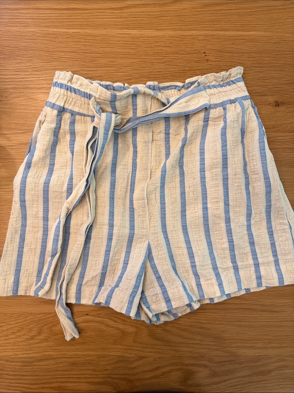 Zara Blue & Cream Striped High-Waist Tie-Front Shorts